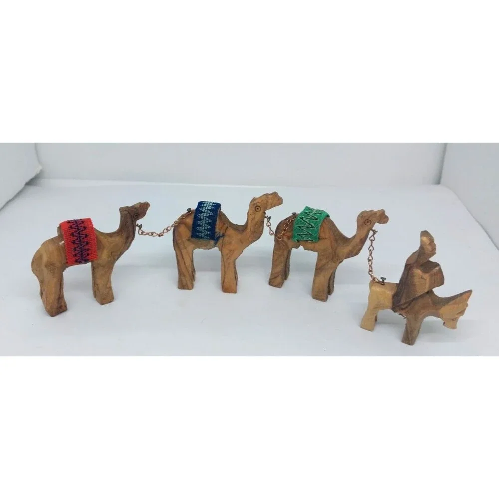 Vtg Donkey Camel Caravan Train Figurines Hand Carved Olive Wood Jerusalem 4 pc.